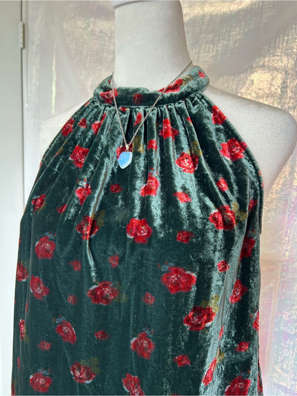 LOFT Emerald Green Velvet Halter Dress with Red Rose Print. Size XS.